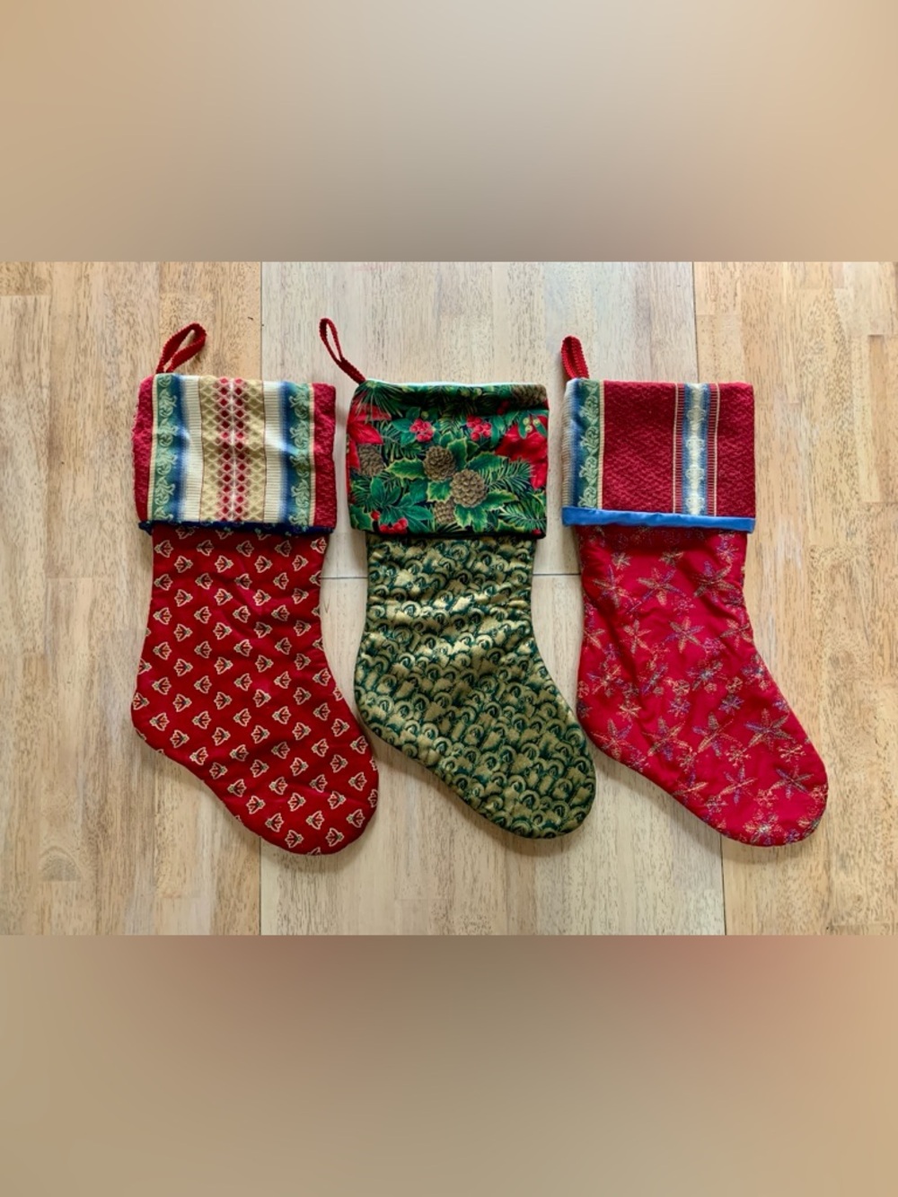 Festive Red and Green Handmade Fabric Christmas Stockings - Set of Three